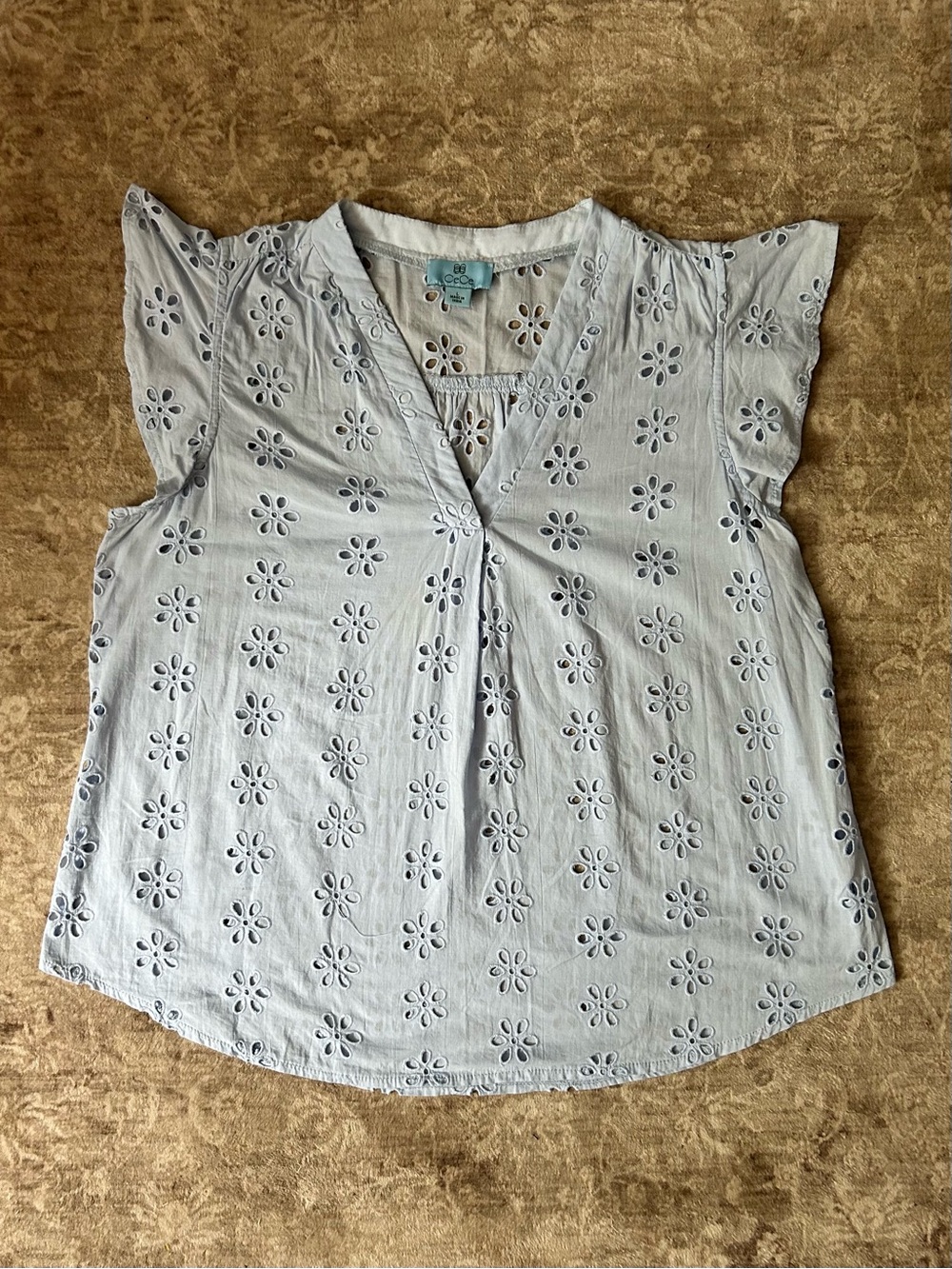 CeCe Large Pale Blue Eyelet Flutter-Sleeve V-Neck Blouse